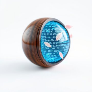 Wooden sphere contains digital binary code, petals float within. Symbolizes nature, technology intersection. Data, growth concept.