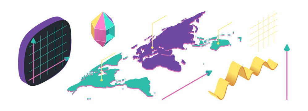 Isometric global data visualization. Vector planet map with growth charts and coordinate system. Statistics, analytics and expansion metrics. Circular and linear diagrams display trends and progress