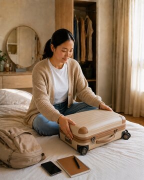 Woman closing packed suitcase after completing travel preparation for upcoming vacation