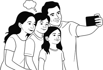 Obraz premium Group selfie illustration vector showing people posing together with smartphone and expressive thought bubble in modern line art