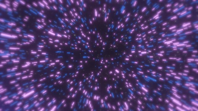 Cosmic Lights Tunnel: A vibrant abstract representation of hyperspace or a galaxy traversal, featuring a tunnel of glowing purple and blue particles against a dark background.