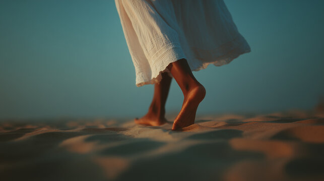 Barefoot woman walking across soft sand dunes at sunset in flowing white dress, freedom and mindful journey concept for wellness, self discovery, inner peace and personal growth themes