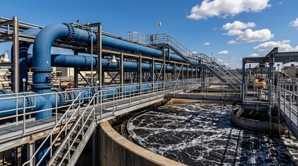 Naklejka premium Massive blue industrial pipes gracefully run over a dark bubbling wastewater treatment tank next to intricate steel walkways under a bright clear sky.