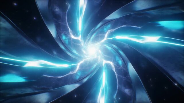 無限の空間で中央の幾何学的なコアから爆発する激しい白とシアンの光