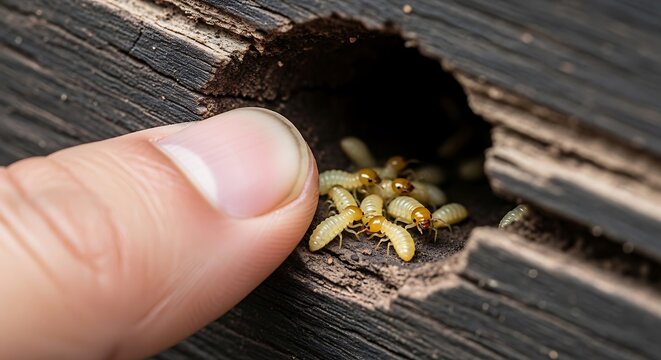 Finger pointing at termite larvae in wood insects infestation