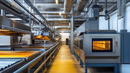 Obraz premium A factory setting with large industrial ovens and cooling systems used in the food processing industry