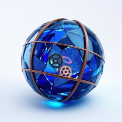 Fototapeta premium Blue sphere features gears, galaxy inside. Wooden rings encircle fractured surface. Light reflects, creating vibrant visual.