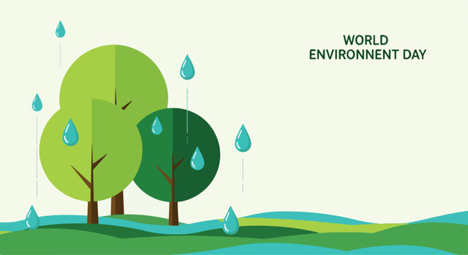 A colorful illustration of trees and water droplets on World Environment Day
