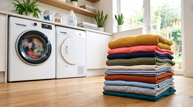 Neatly folded stack of fresh colorful sweaters and t-shirts elegantly rests on a beautiful wooden floor inside a bright modern sunlit laundry room interior.