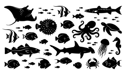 Black silhouette marine life collection fish octopus turtle and more © Nurnobi