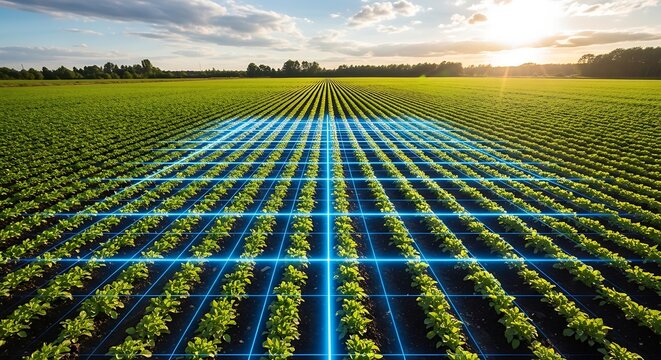 Green agricultural field with glowing digital grid overlay at sunrise