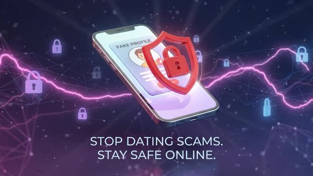 Stop dating scams stay safe online with smartphone protection shield and lock symbol preventing fake profile and online fraud threats ensuring cybersecurity and dating safety for all users