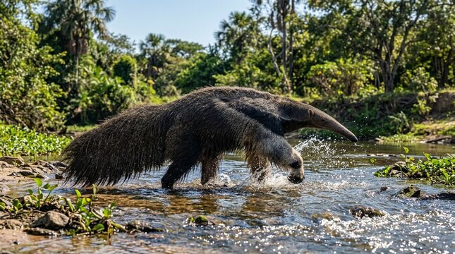 giant anteater crossing river pantanal brazil