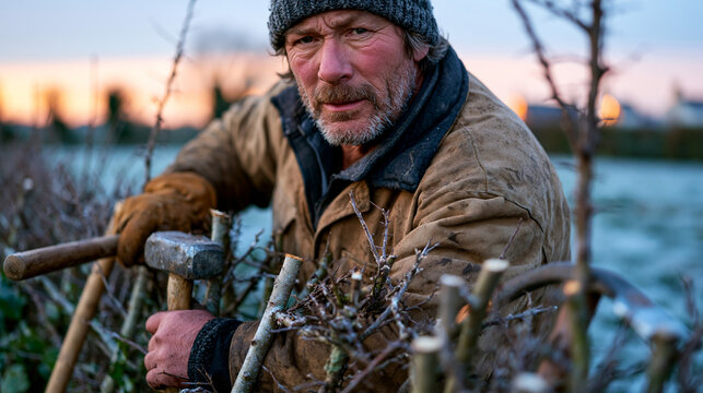Weathered countryside hedgelayer in worn canvas jacket works a hawthorn boundary at dawn, mallet and billhook beside a half-laid row of pleached stems, frost still clinging to the field, traditional