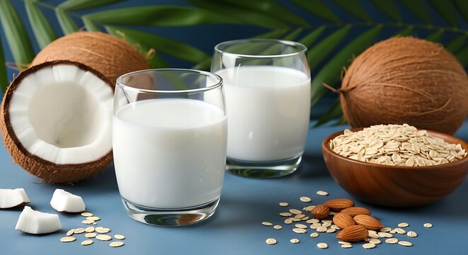 Two glasses of white coconut milk with whole coconuts and oats on blue