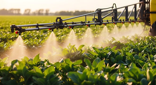 Agricultural sprayer applying pesticide mist over green soybean crops at sunset