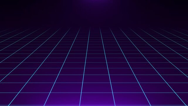 Retro Grid Horizon: An abstract digital landscape features a glowing neon grid extending to a distant horizon, evoking a sense of infinite space and retro-futuristic aesthetics.
