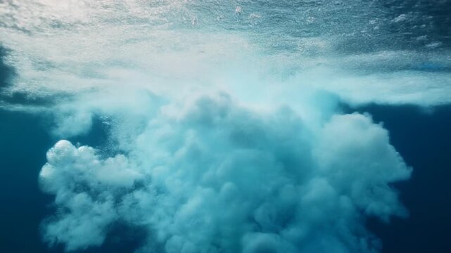 上から水面を割って入る無数の水泡とカオスな水飛沫の水中視点