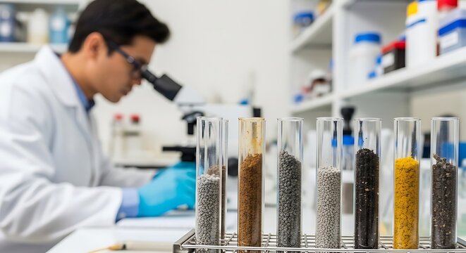 Scientist examining different soil samples in laboratory test tubes