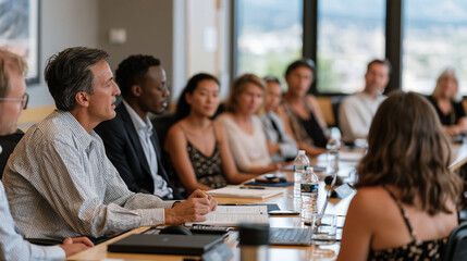 Fototapeta premium Space medicine ethics roundtable where multicultural panel of physicians ethicists and mission planners seated in arc formation discuss long duration isolation protocols and