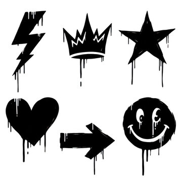 Black graffiti icons: lightning, crown, star, heart, arrow, smiley