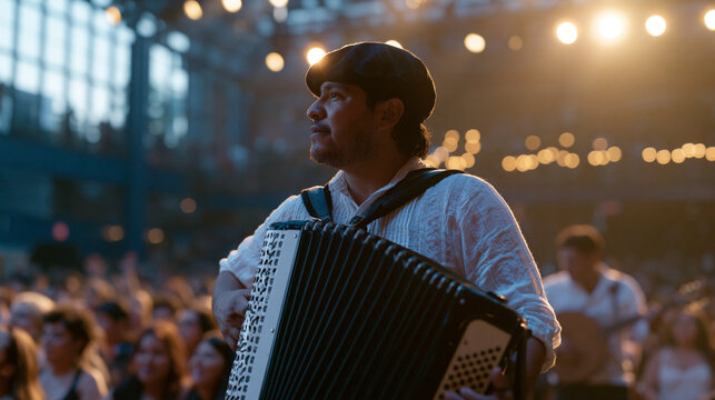 A Tejano musician performing cumbia in a packed mainstream concert venue, stage lighting illuminating the crowd singing along, accordion and bajo sexto players beside him, the