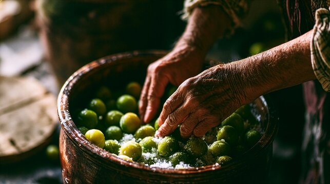 Elderly Japanese Hands Placing Fresh Green Ume Plums into Traditional Ceramic Crock with Coarse Salt for Umeboshi Pickling, Generative AI