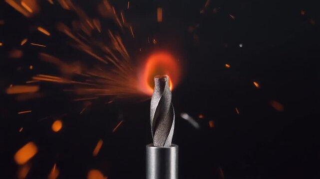 真っ暗な背景で先端が赤熱するほど高速回転する超硬合金のドリルビット
