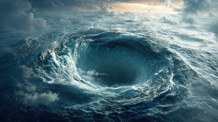giant swirling ocean vortex forming deep sinkhole in water and rising spiral wave toward sky, epic nature shot, ultra realistic canon camera, 8k