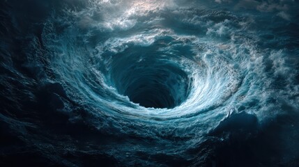 giant swirling ocean vortex forming deep sinkhole in water and rising spiral wave toward sky, epic nature shot, ultra realistic canon camera, 8k