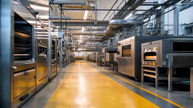 A factory setting with large industrial ovens and cooling systems used in the food processing industry