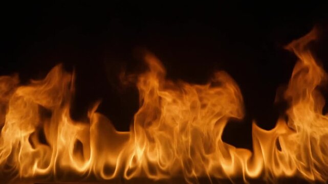 真っ暗な背景を急速に横切る激しく轟く炎の壁のクローズアップ