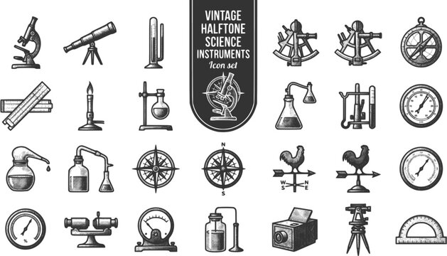 Vintage Halftone Science Instruments Icon Set Microscope Telescope Barometer Sextant Astrolabe Slide Rule Bunsen Retort Alembic Distillation Compass Rose Aneroid Hygrometer 20 Icons Flat Vector Retro 