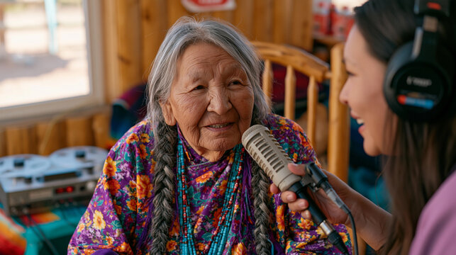 Community oral historian holds a directional microphone toward a ninety-year-old Navajo elder seated in a wooden chair, reel-to-reel recorder running on a side table, afternoon sunlight filtering th
