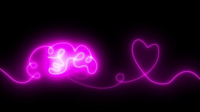 Glowing red neon Brain with heart inside. One line drawing. symbolizing balance of mind and feelings, psychology, emotional intelligence, love, mental health, connection of logic and emotion