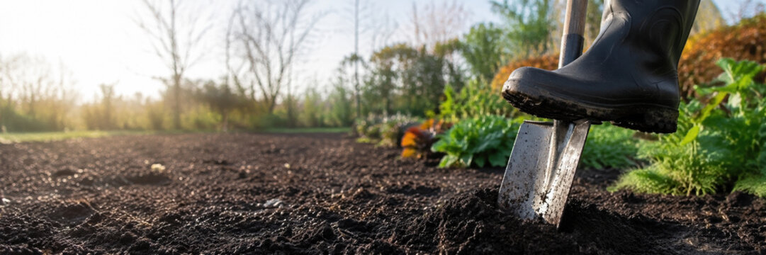 Gardener digging soil using a hand trowel and boot pressing it into the earth near young plants at sunrise. Low-angle composition with space for text on the left.