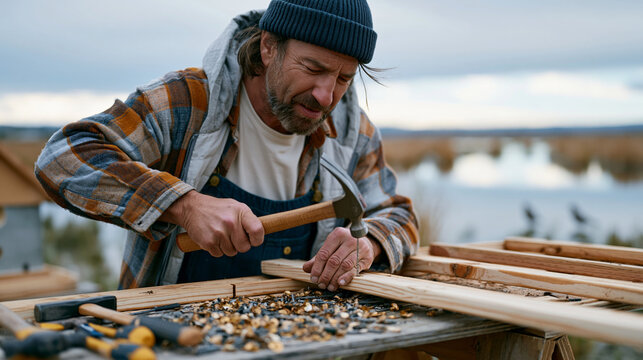 Construction volunteer hammering treated lumber into raised nest box frames for cavity-nesting birds at a wetland preserve edge, overcast sky reflecting in still water behind, tools and hardware spr
