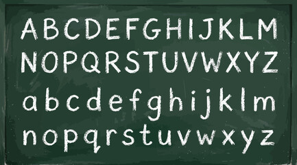 Handwritten style alphabet set with uppercase and lowercase letters on a green chalkboard background © S.Siam