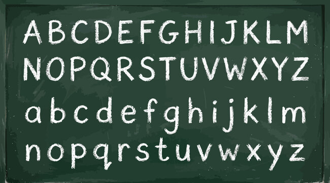 Handwritten style alphabet set with uppercase and lowercase letters on a green chalkboard background