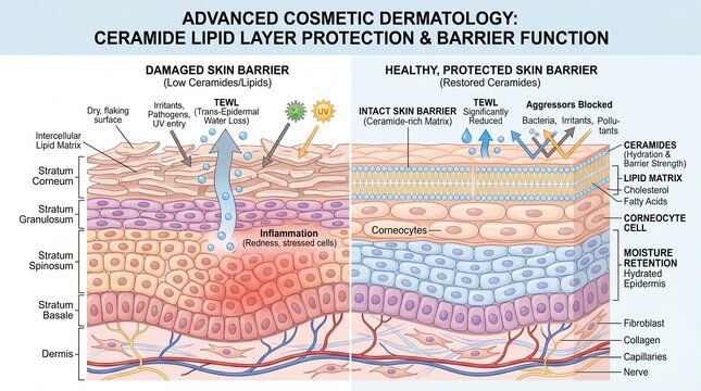 Damaged skin barrier with low ceramides shows inflammation, dryness, and increased water loss, while healthy skin barrier with restored ceramides retains moisture and blocks irritants