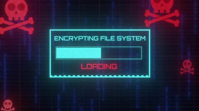 Cyber Attack Alert: A digital screen displays ENCRYPTING FILE SYSTEM with a loading bar, surrounded by skull and crossbones icons, signifying a cyber threat.