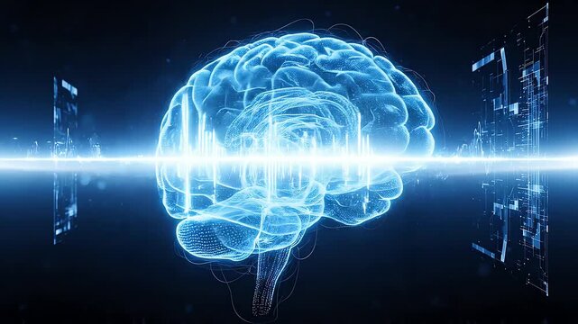 Glowing digital brain model displays neural activity in motion video clip