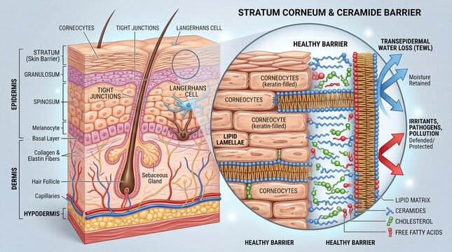 Stratum corneum ceramide barrier corneocyte keratinocyte lipid lamellae healthy skin epidermis dermis hydration protection moisture irritation