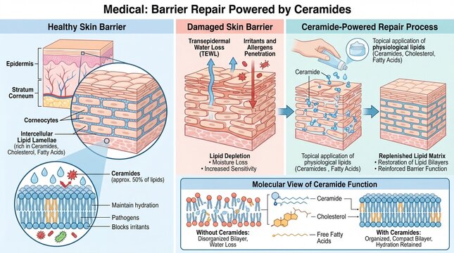 Healthy skin barrier, ceramide, lipid matrix, and molecular view of ceramide function are illustrated, showing how ceramides help repair damaged skin by replenishing lipids and restoring moisture