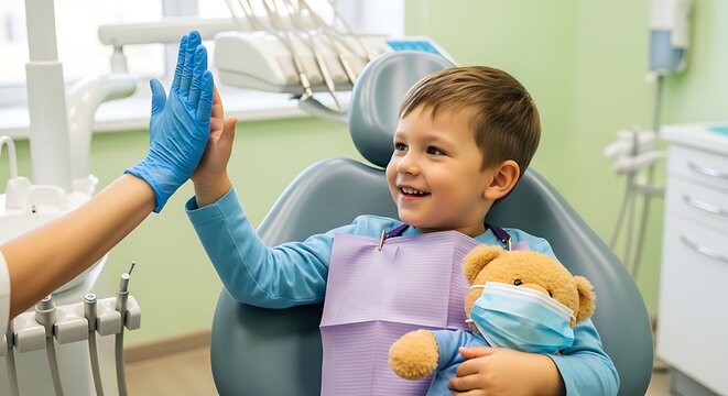 Young boy in blue fiving dentist in dental clinic