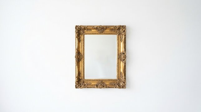 Ornate Vintage Gold Framed Mirror Hanging on a Clean White Minimalist Wall