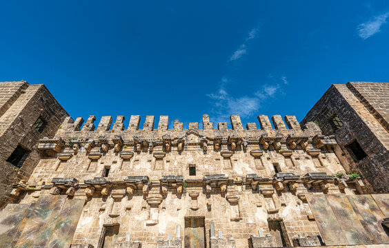 Interior wide-angle view of the well-preserved ancient Roman Theater of Aspendos in Antalya, Turkey.