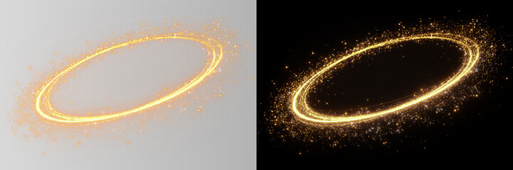 Transparent png glowing orange swirl ring overlay with sparkling light dust particles and magical glitter effect for abstract background design and luxury decoration wave line flow particle shine © Anna Nasiedkina