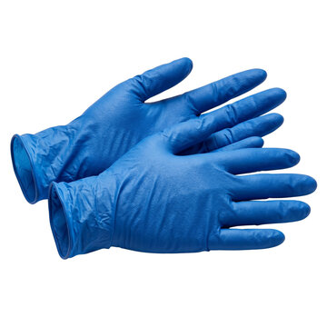 Pair of blue disposable nitrile medical gloves on a black background