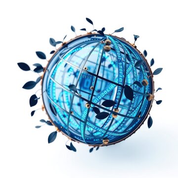 Globe encased within cage, digital code flowing. Foliage extends outward, symbolizing growth, technology fusion. Bright blue illumination dominates.